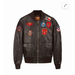 Vintage-Inspired Top Gun Brown Vegan Leather Bomber Jacket with Patches, NWT, S